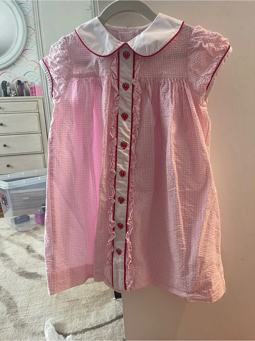 Little English Pink Gingham Kids Dress With Strawberry Detail